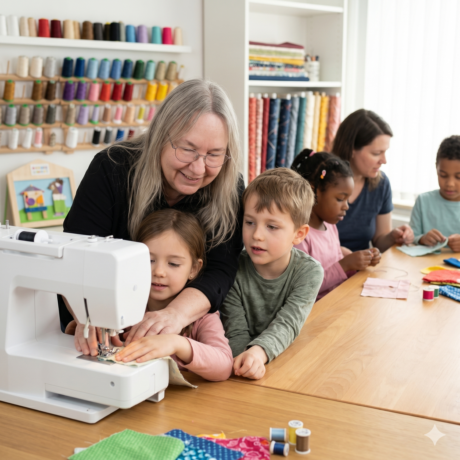 Teacher and students in a classroom setting with a sewing machine.